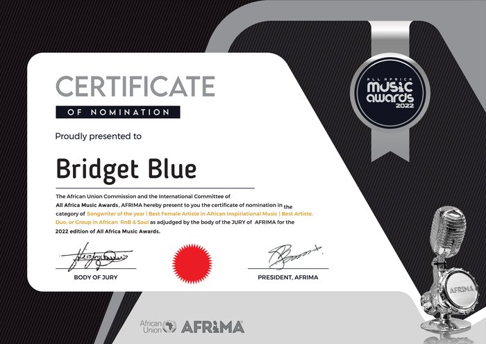 AFRIMA 2022 Certificate of Nomination for Bridget Blue